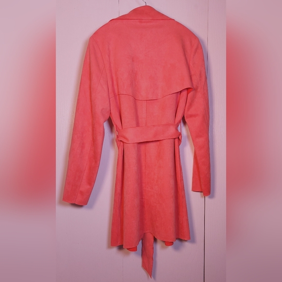 Solitaire Faux Suede Belted Trench Coat Size Large Waterfall Lapel Jacket Duster - Picture 9 of 16